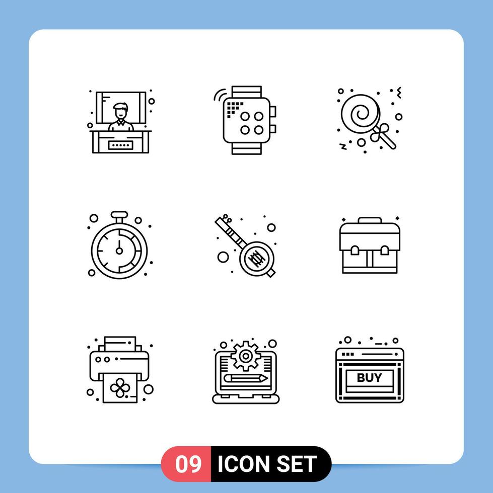 conjunto de pictogramas de 9 contornos simples de dulces de música de fiesta elementos de diseño de vector editables de oficina india