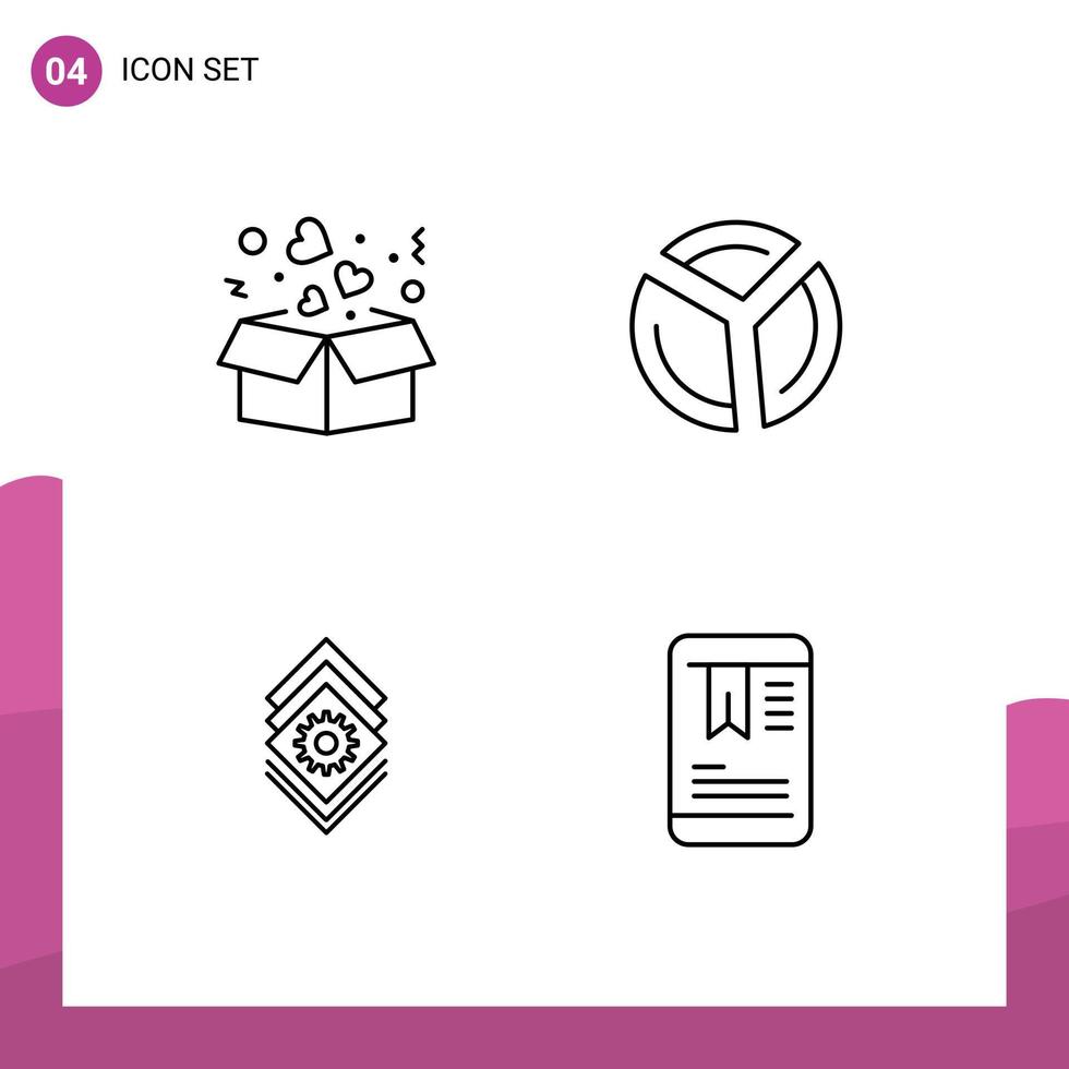 paquete de 4 signos y símbolos de colores planos de línea de relleno modernos para medios de impresión web, como configuración de caja, servidor de gráficos circulares de amor, elementos de diseño de vectores editables
