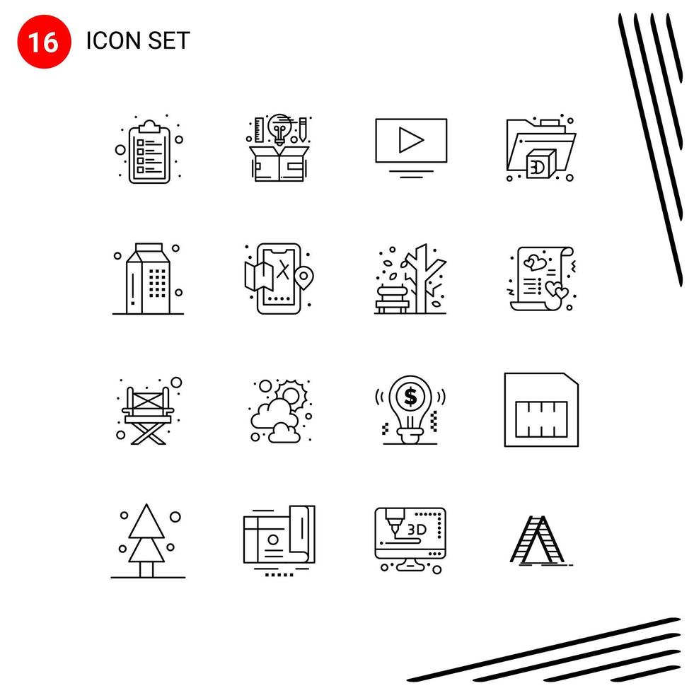 Set of 16 Modern UI Icons Symbols Signs for milk food video drinks folder Editable Vector Design Elements