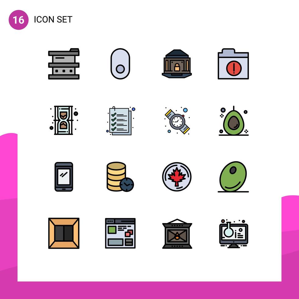 paquete de 16 líneas llenas de colores planos modernos, signos y símbolos para medios de impresión web, como archivos bancarios de carpetas de reloj de arena, elementos de diseño de vectores creativos editables de seguridad