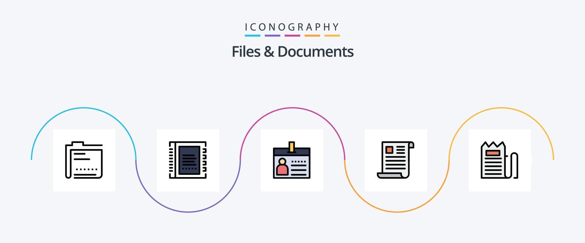 Files And Documents Line Filled Flat 5 Icon Pack Including file. data. contacts. identification. document vector