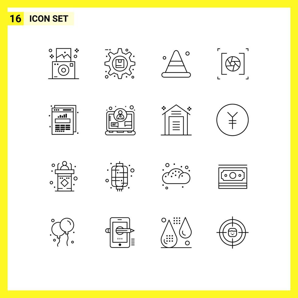 Pack of 16 creative Outlines of data photography alert lens camera Editable Vector Design Elements