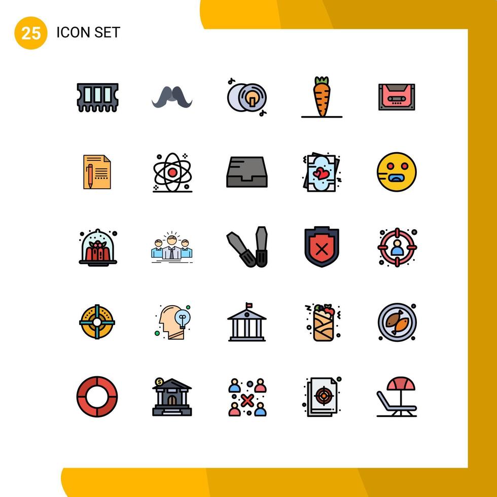 Universal Icon Symbols Group of 25 Modern Filled line Flat Colors of cassette analog cd vegetable carrot Editable Vector Design Elements