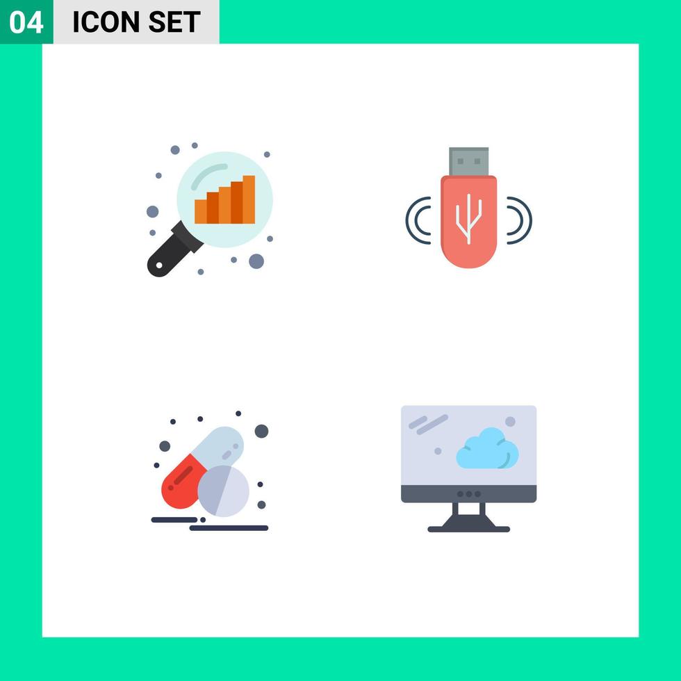 Group of 4 Flat Icons Signs and Symbols for data analyzing medicine search stats data cloud Editable Vector Design Elements