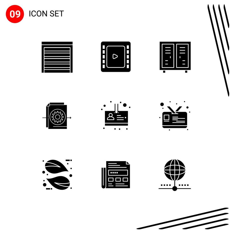 Pack of 9 Modern Solid Glyphs Signs and Symbols for Web Print Media such as id settings athlete gear document Editable Vector Design Elements
