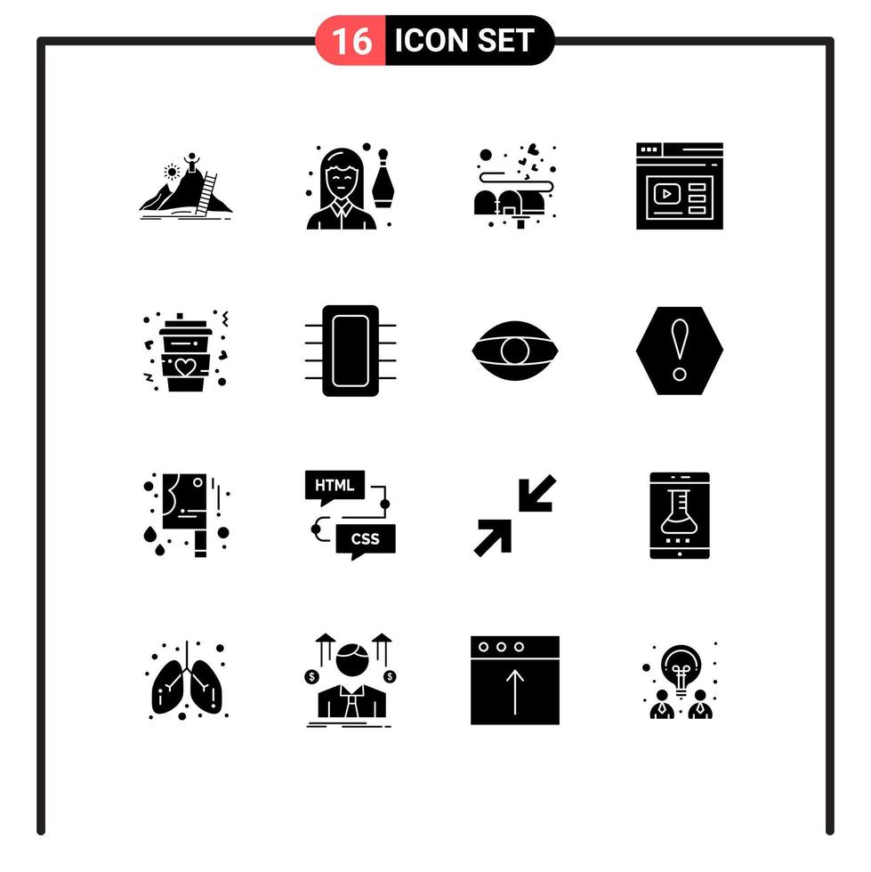 Modern Set of 16 Solid Glyphs Pictograph of website page leisure internet love Editable Vector Design Elements