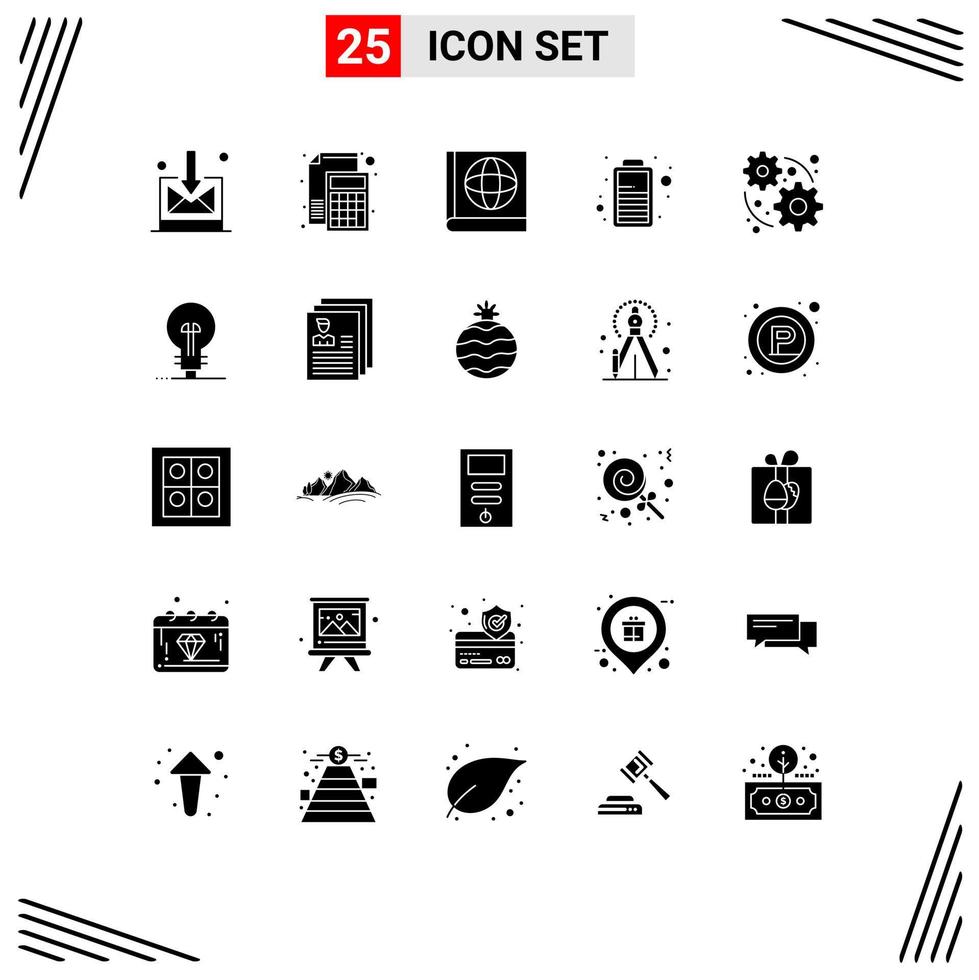 Pack of 25 creative Solid Glyphs of definnig gear map web power Editable Vector Design Elements