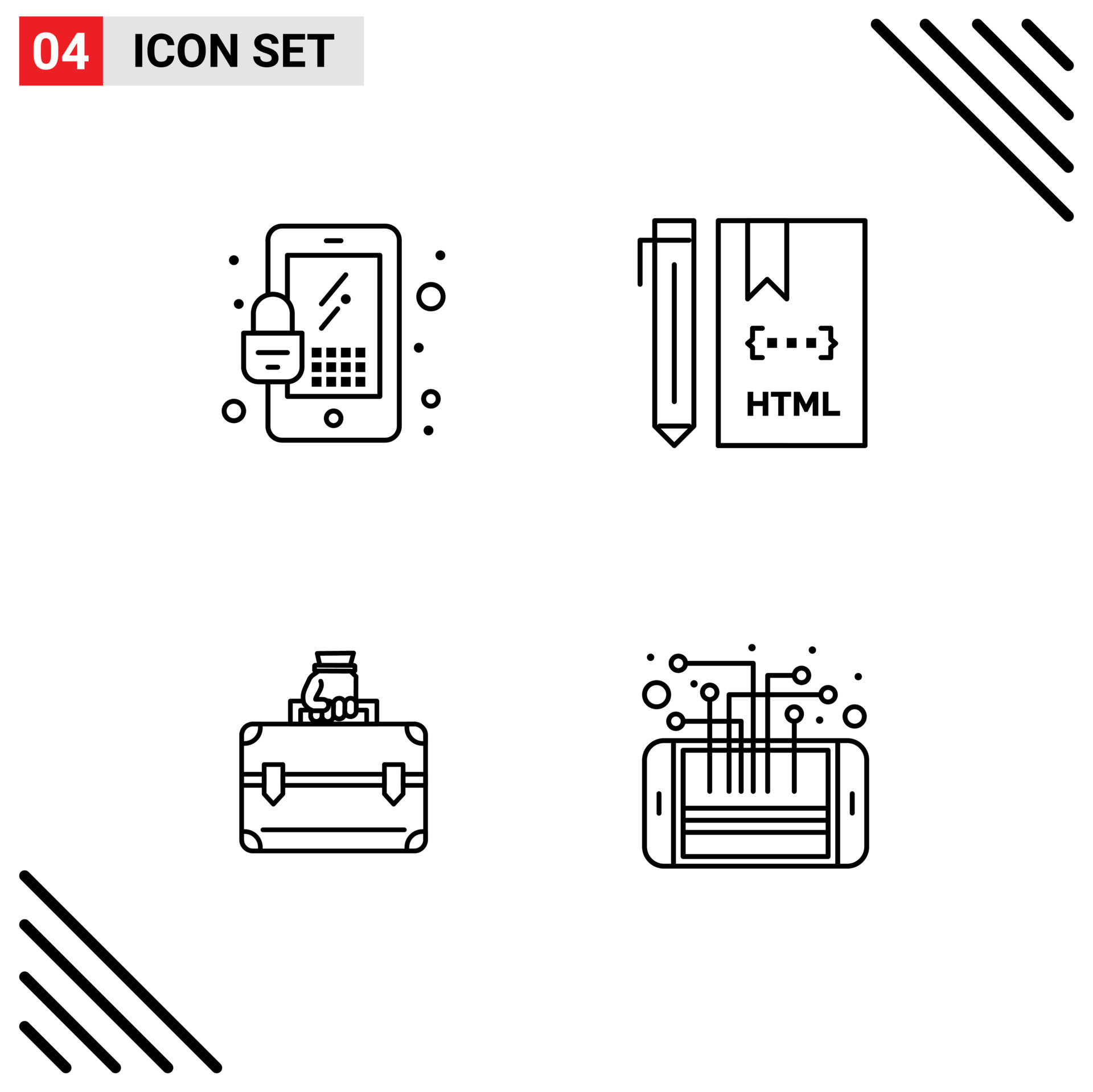 Stock Vector Icon Pack of 4 Line Signs and Symbols for lock briefcase code development bag