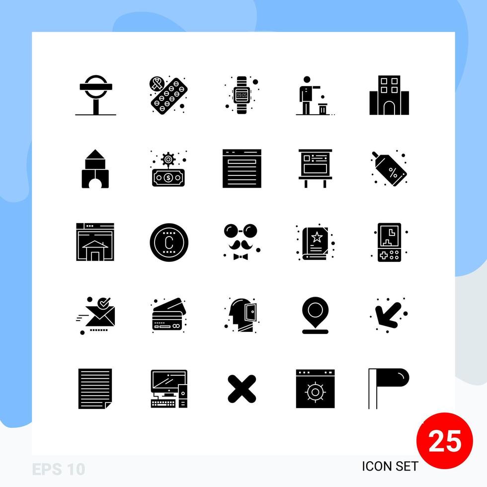 Group of 25 Modern Solid Glyphs Set for hotel thought time recycling idea Editable Vector Design Elements