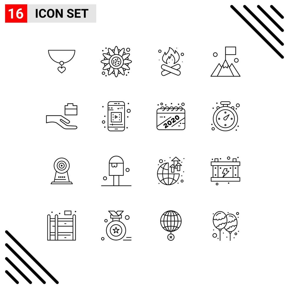 Modern Set of 16 Outlines Pictograph of hand user camping mountain flag Editable Vector Design Elements