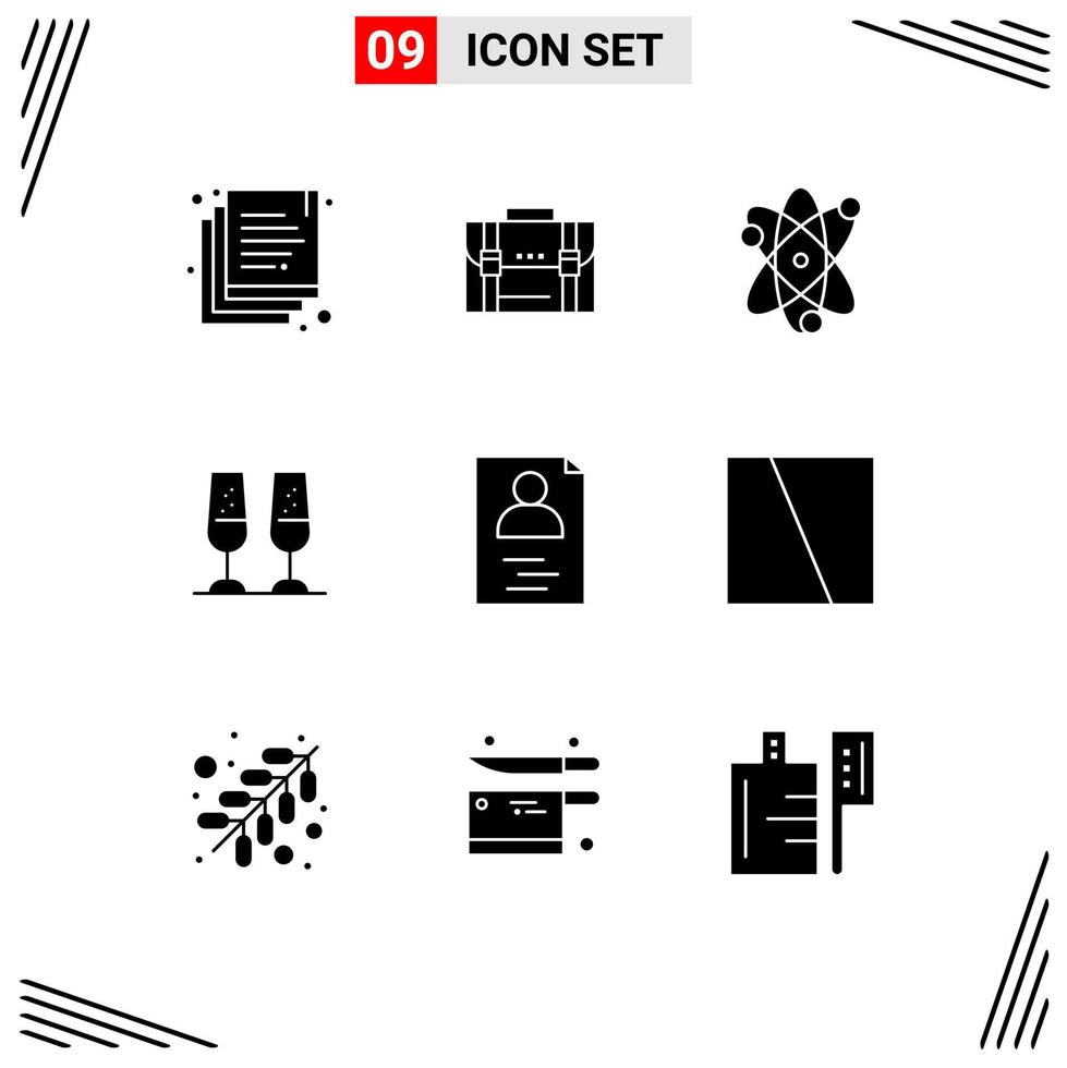 Group of 9 Modern Solid Glyphs Set for toasting champagne glasses portfolio celebration science Editable Vector Design Elements