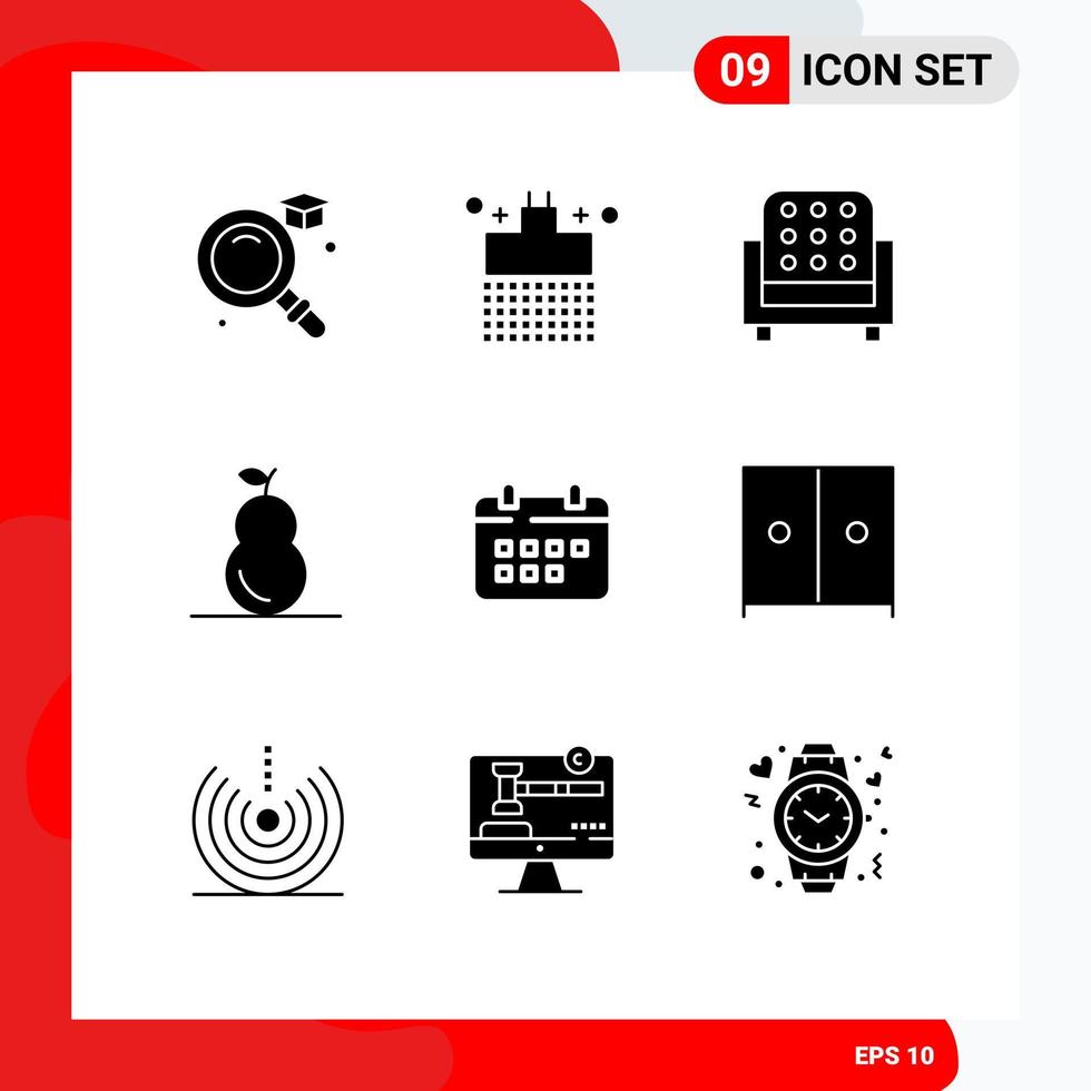 Solid Glyph Pack of 9 Universal Symbols of appointment schedule interior calendar fruit Editable Vector Design Elements