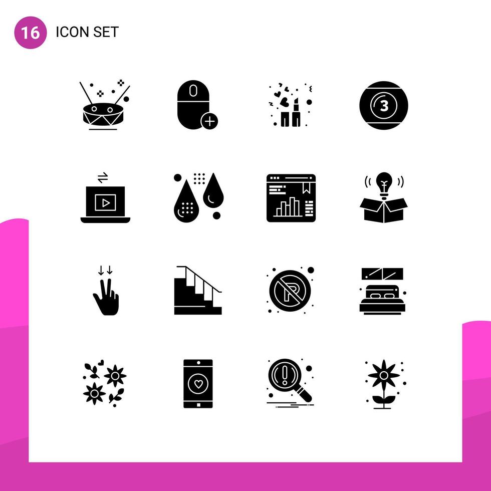 Solid Glyph Pack of 16 Universal Symbols of laptop play hardware game cue ball Editable Vector Design Elements