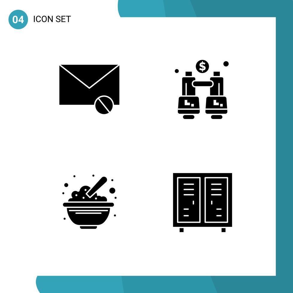 Group of 4 Solid Glyphs Signs and Symbols for envelope bowl sms explore food Editable Vector Design Elements