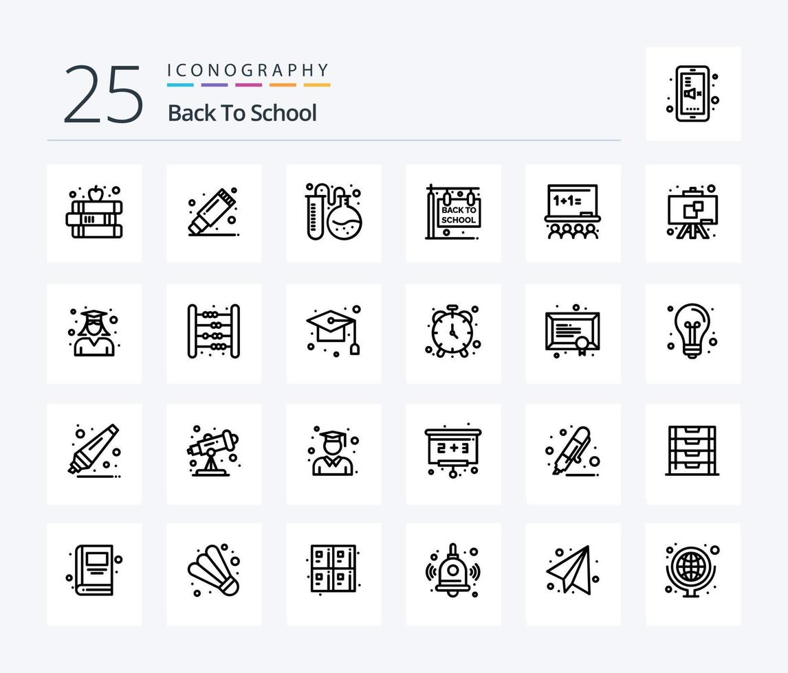 Back To School 25 Line icon pack including art board. school. lab. hanging sign. back to school vector