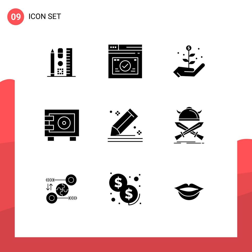 9 Solid Glyph concept for Websites Mobile and Apps pencil compose growth locker money Editable Vector Design Elements