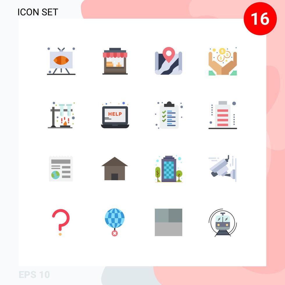 Modern Set of 16 Flat Colors Pictograph of chemistry money map hands destination Editable Pack of Creative Vector Design Elements