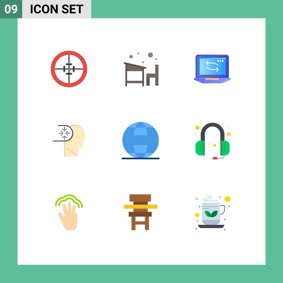 Pack of 9 Modern Flat Colors Signs and Symbols for Web Print Media such as head autism learn mind laptop Editable Vector Design Elements