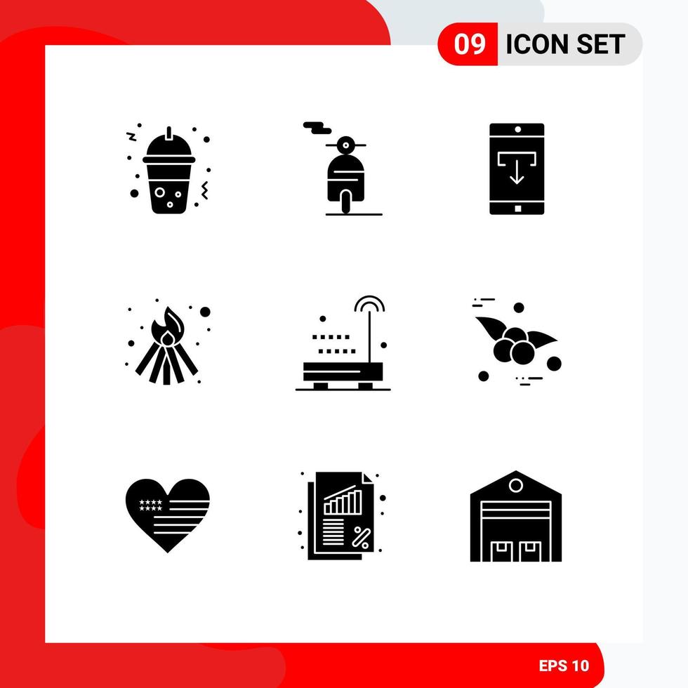 Universal Icon Symbols Group of 9 Modern Solid Glyphs of technology radio download devices fire Editable Vector Design Elements