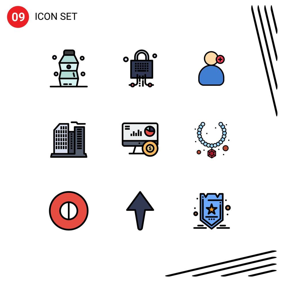 Modern Set of 9 Filledline Flat Colors Pictograph of online office man real building Editable Vector Design Elements