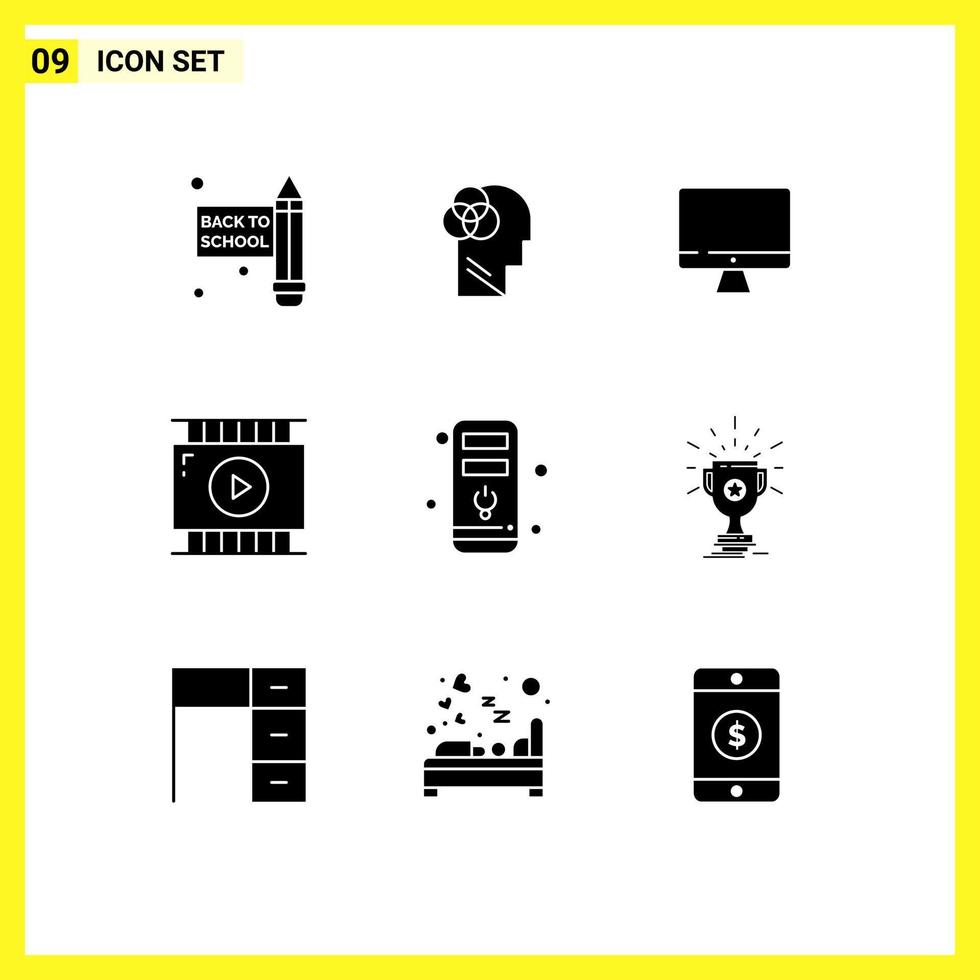 Mobile Interface Solid Glyph Set of 9 Pictograms of award cpu screen computer video app Editable Vector Design Elements