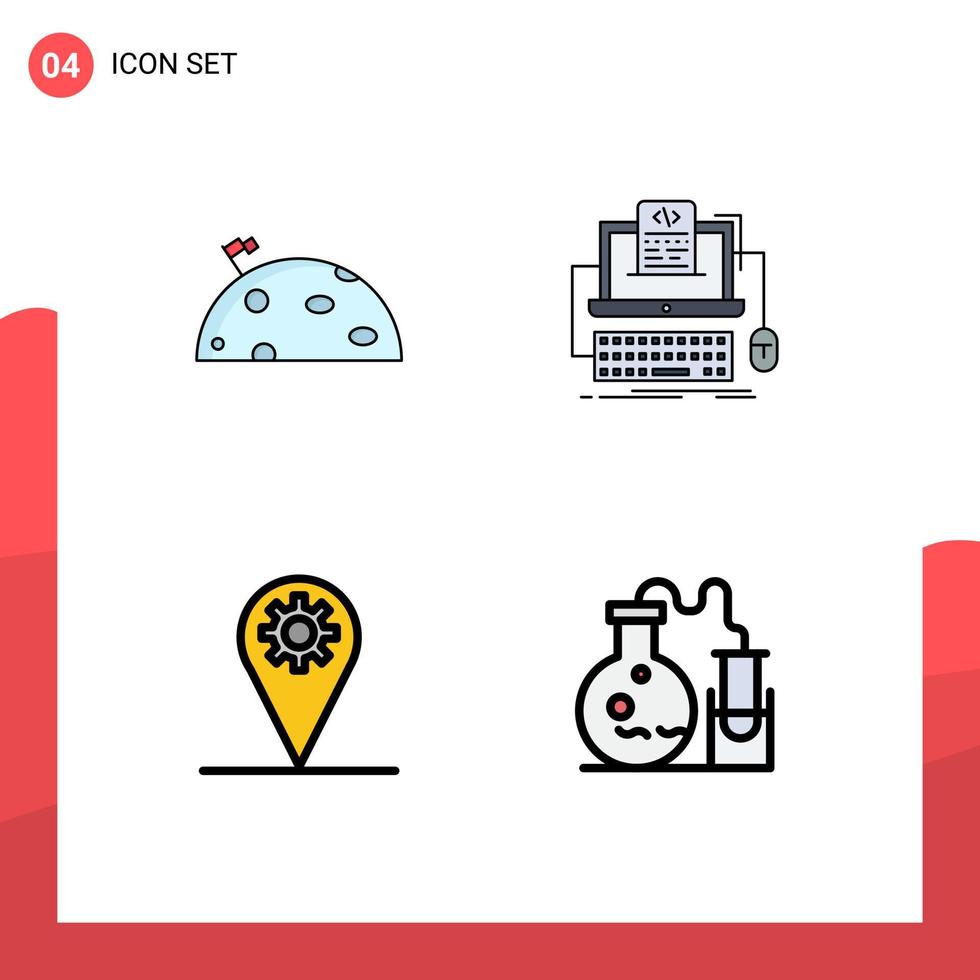 Mobile Interface Filledline Flat Color Set of 4 Pictograms of planet screen flag coding location Editable Vector Design Elements