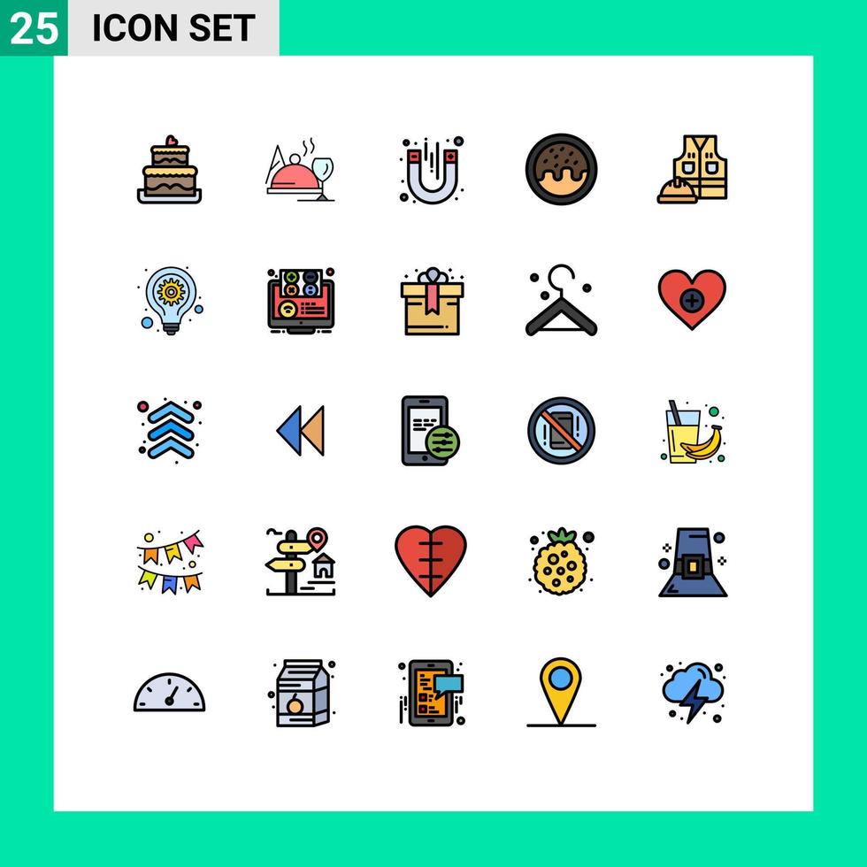 conjunto de pictogramas de 25 colores planos de línea rellena simple de chaqueta de trabajo imán chaqueta de trabajo donut elementos de diseño vectorial editables vector