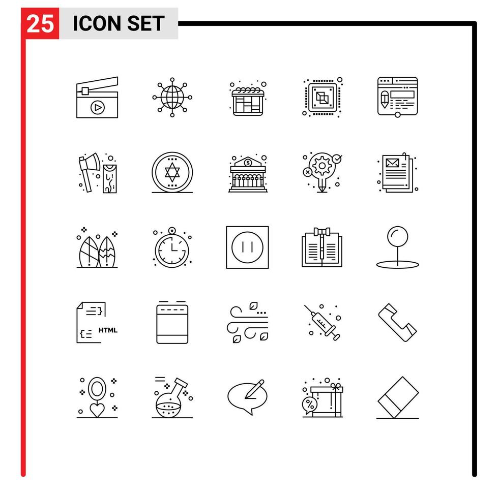 Line Pack of 25 Universal Symbols of layout processor iteration processing chip Editable Vector Design Elements