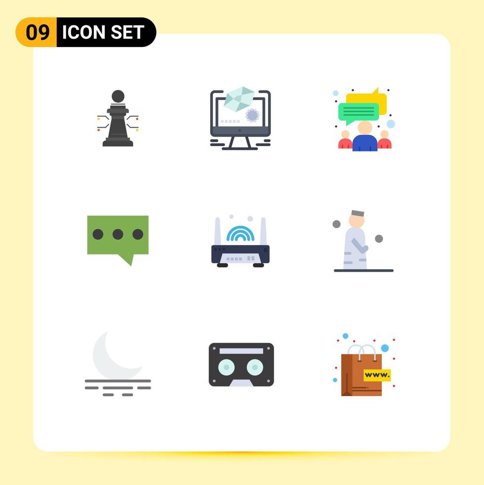 Pack of 9 Modern Flat Colors Signs and Symbols for Web Print Media such as router device chat message bubble Editable Vector Design Elements