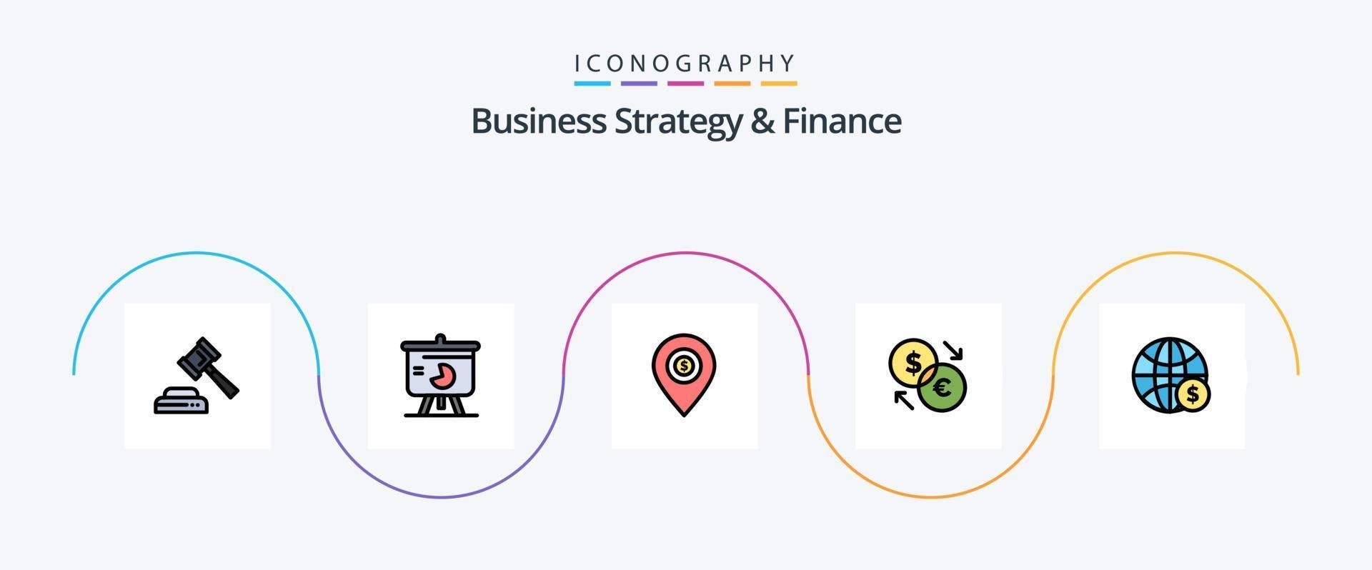 Business Strategy And Finance Line Filled Flat 5 Icon Pack Including euro. exchange. location. currency. money vector