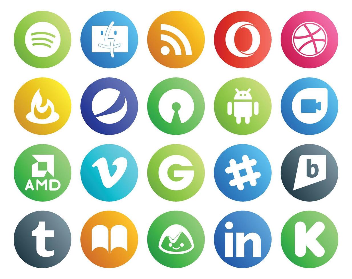 Paquete de 20 íconos de redes sociales que incluye chat de tumblr y video de holgura de Android vector