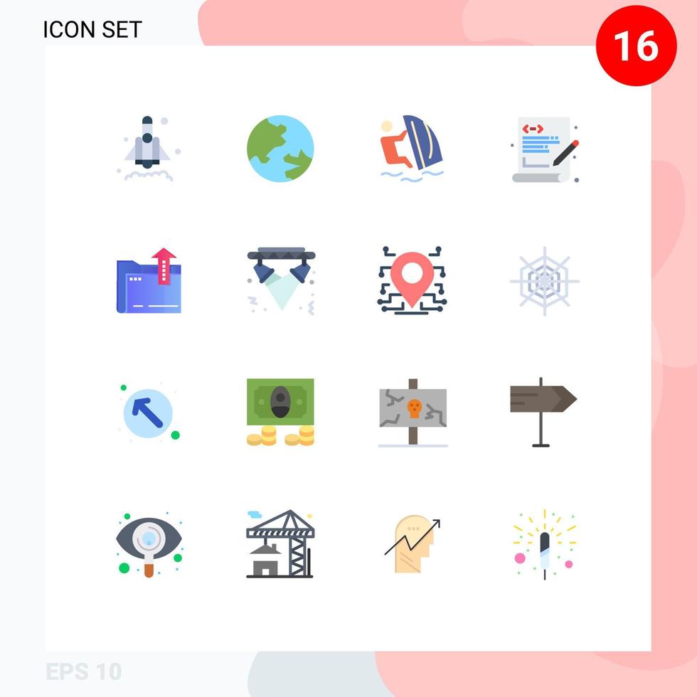 Mobile Interface Flat Color Set of 16 Pictograms of file folder water web coding language Editable Pack of Creative Vector Design Elements