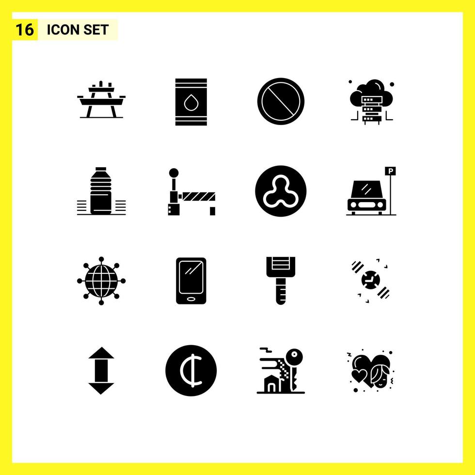 Group of 16 Solid Glyphs Signs and Symbols for bottle hosting flamable cloud prohibited Editable Vector Design Elements