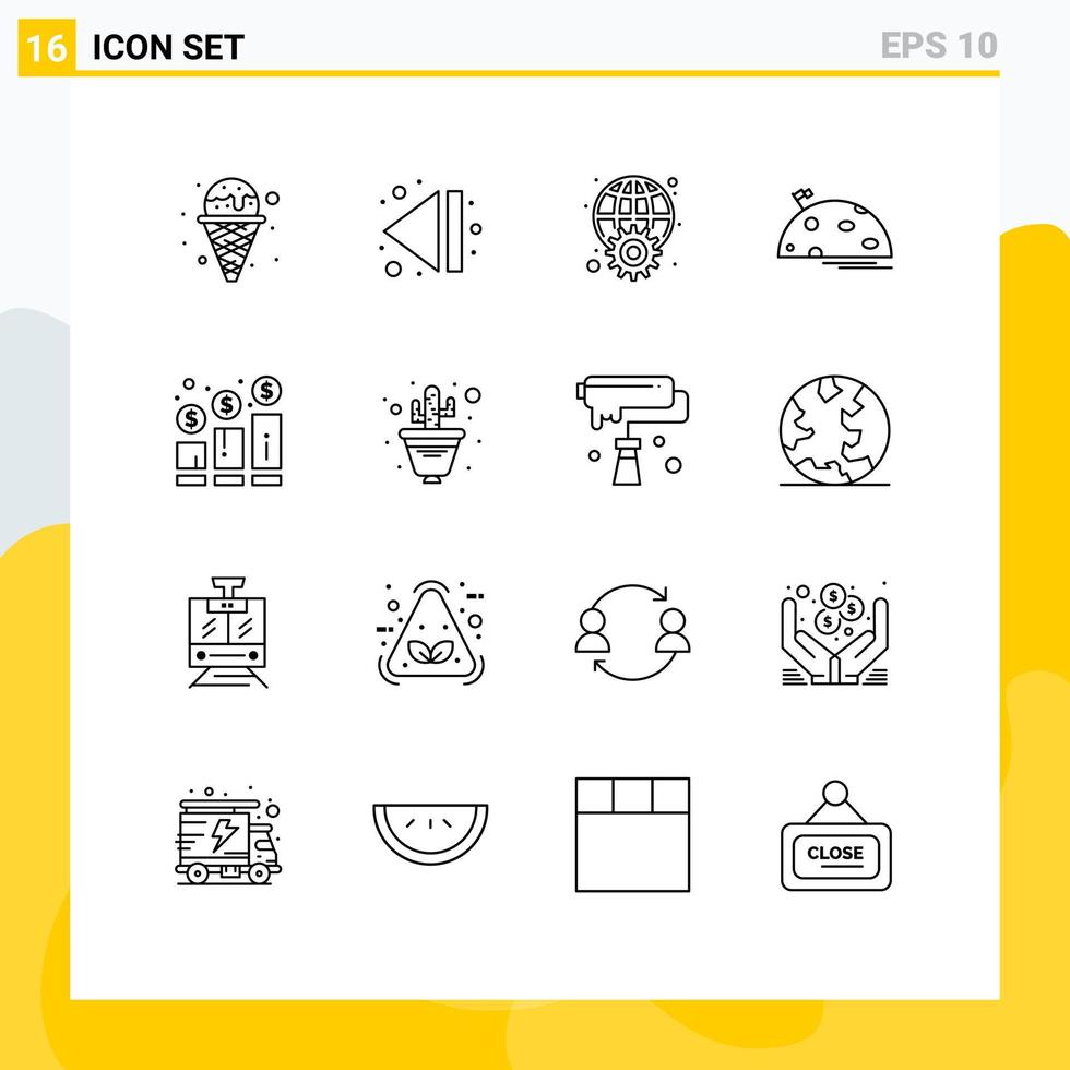 Mobile Interface Outline Set of 16 Pictograms of growth flag globe moon planet Editable Vector Design Elements
