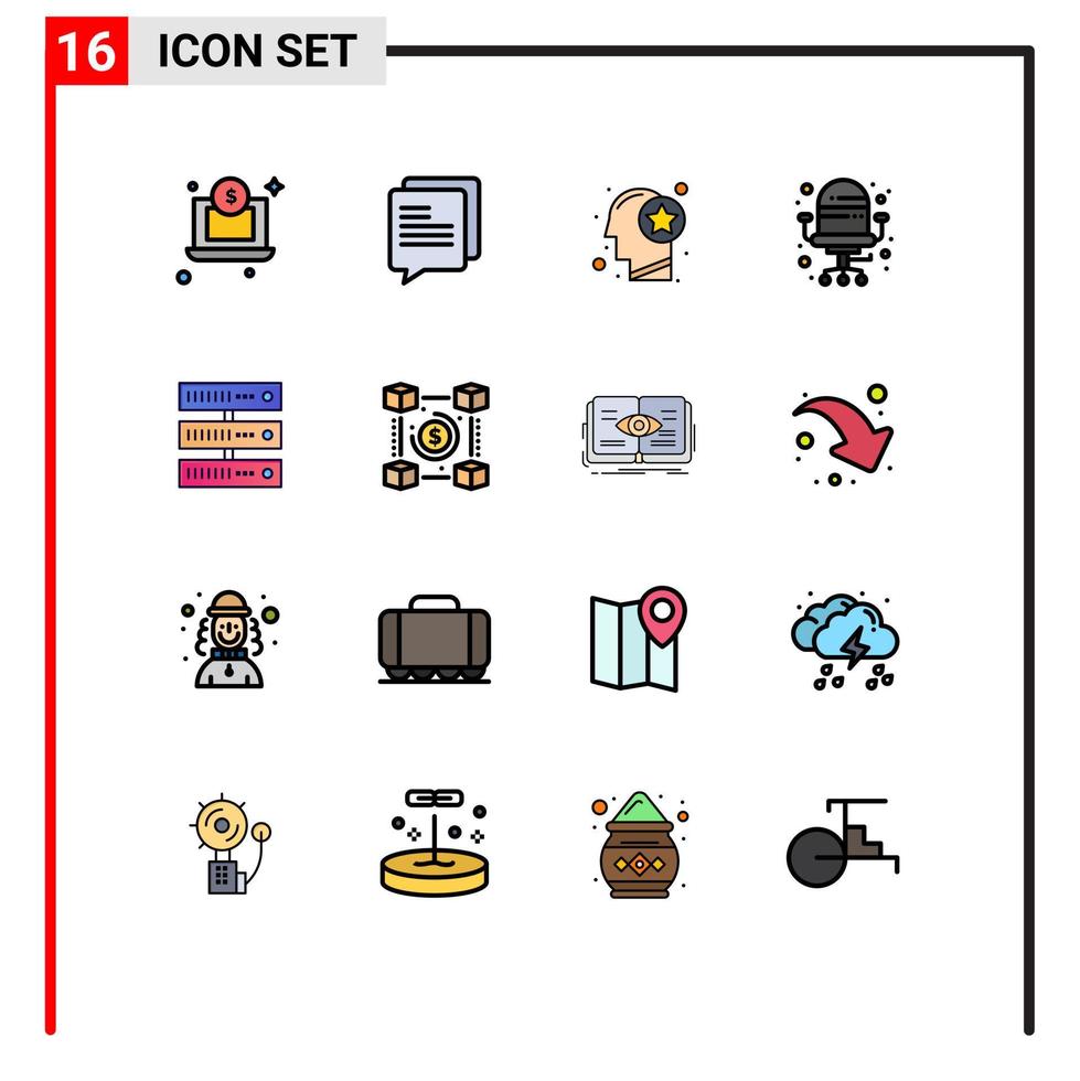 16 Thematic Vector Flat Color Filled Lines and Editable Symbols of network data mind computing office Editable Creative Vector Design Elements