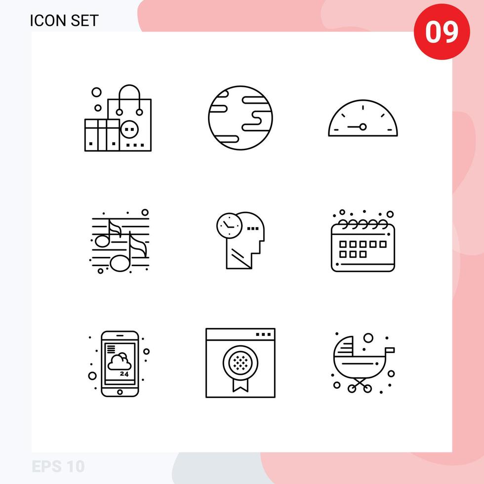Universal Icon Symbols Group of 9 Modern Outlines of head mind gauge time party Editable Vector Design Elements