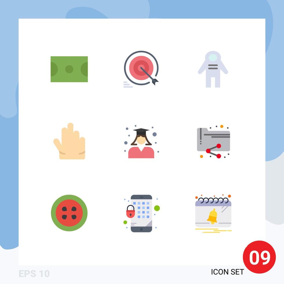 Modern Set of 9 Flat Colors Pictograph of graduation education astronaut three fingers Editable Vector Design Elements