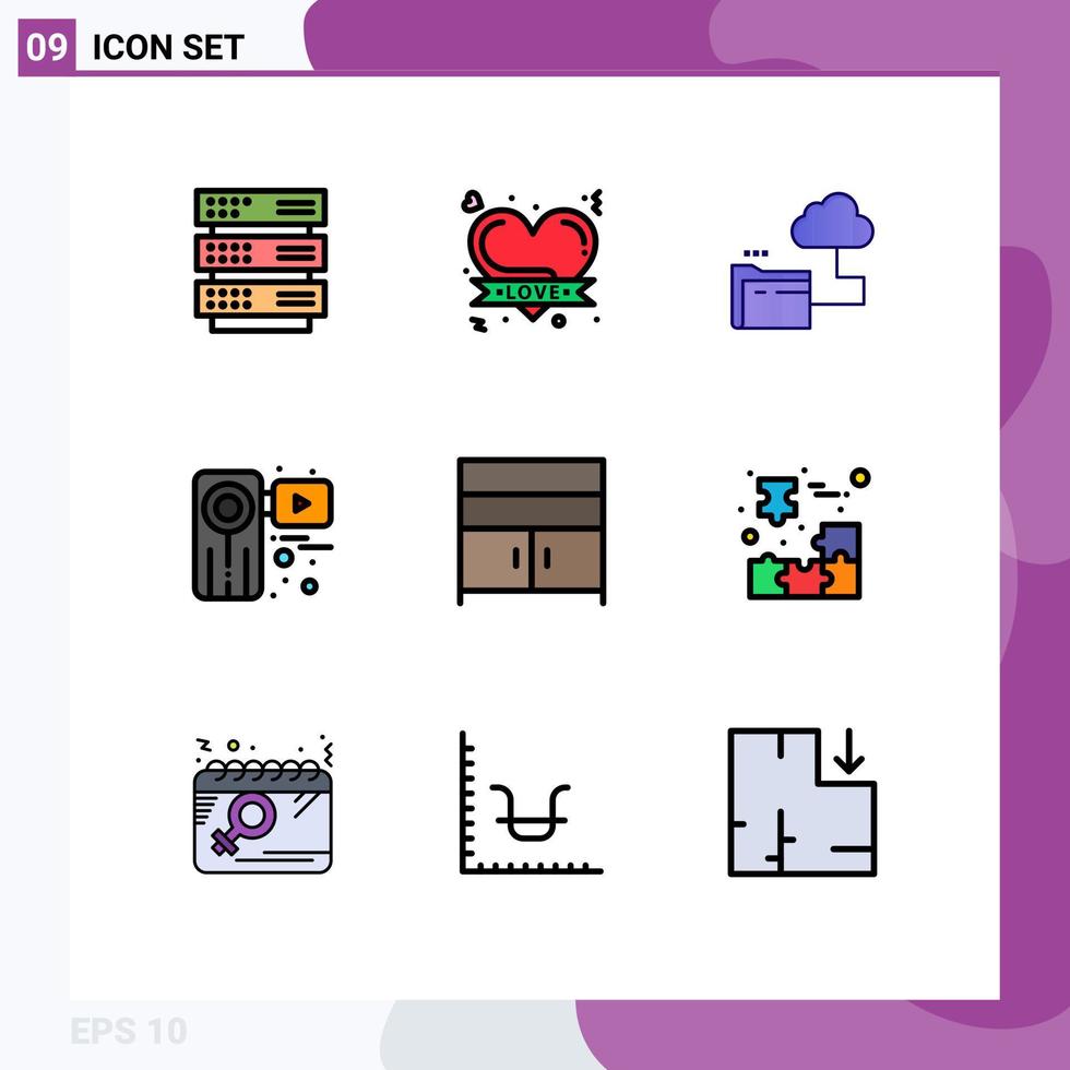 9 User Interface Filledline Flat Color Pack of modern Signs and Symbols of cabinet recorder cloud video camera Editable Vector Design Elements
