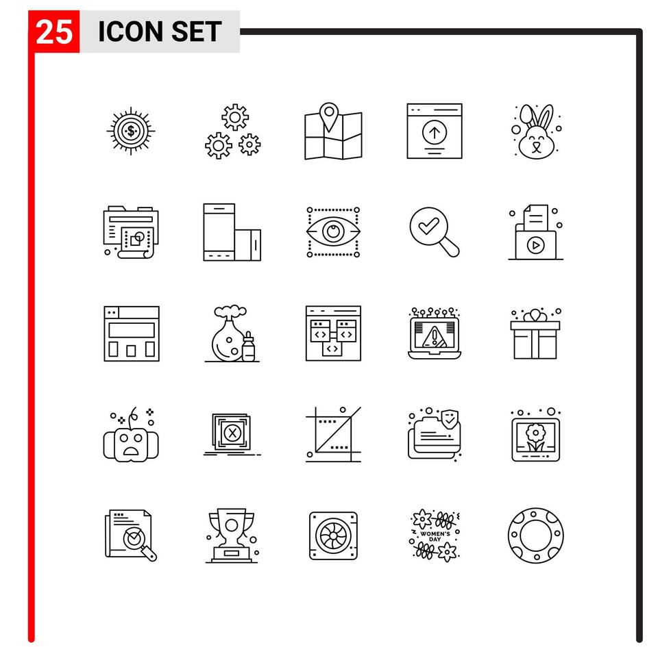 conjunto de pictogramas de 25 líneas simples de interfaz de carga engranajes mapa de comunicación elementos de diseño vectorial editables vector