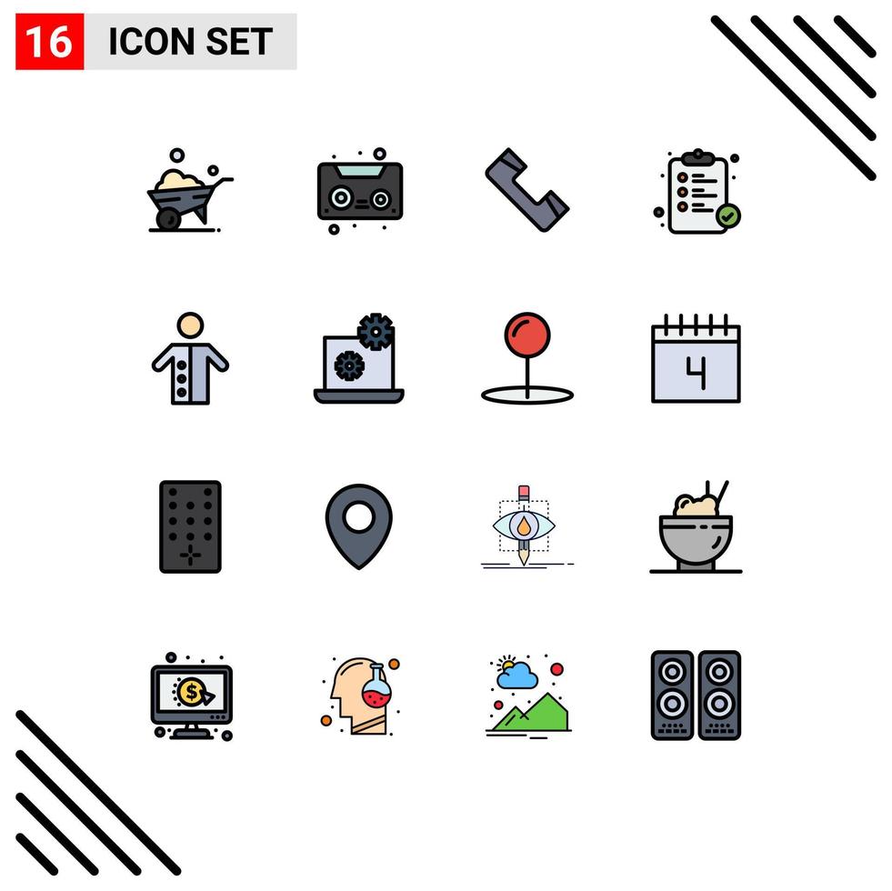 Pack of 16 Modern Flat Color Filled Lines Signs and Symbols for Web Print Media such as preacher pastor phone monk pharmacy Editable Creative Vector Design Elements