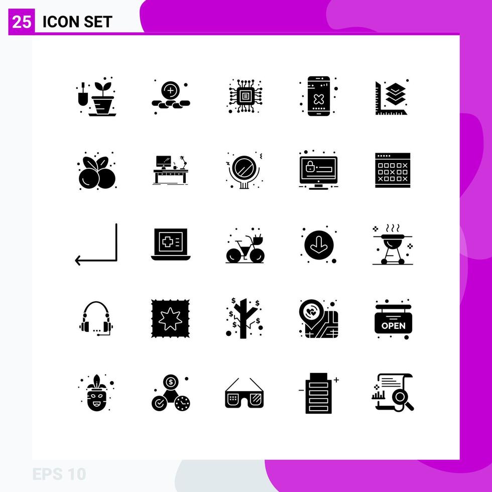 User Interface Pack of 25 Basic Solid Glyphs of food layer micro printing app Editable Vector Design Elements