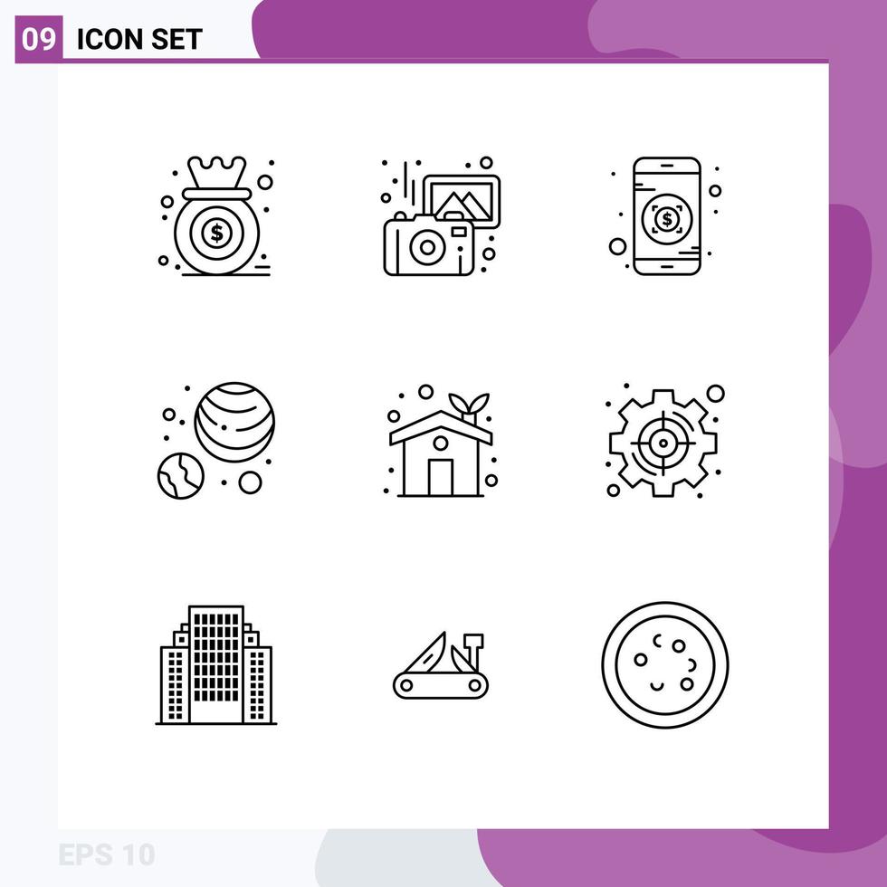 Group of 9 Modern Outlines Set for ecology house eco home camera planets planets astronomy Editable Vector Design Elements