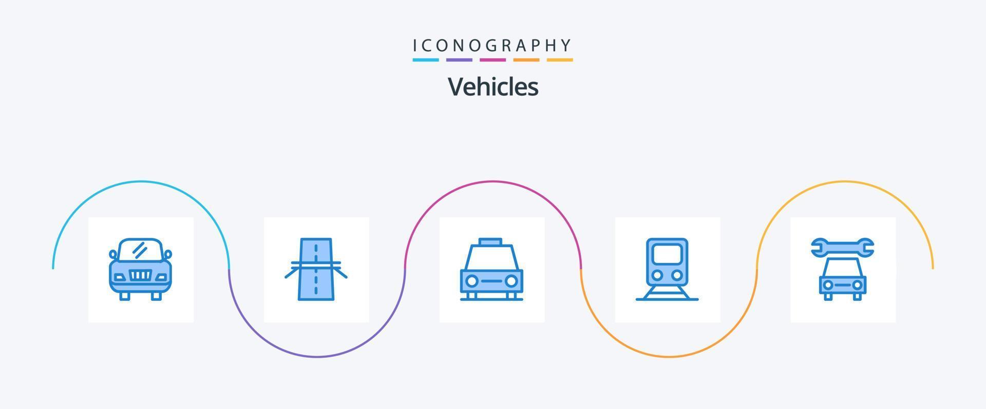 Paquete de 5 íconos azules de vehículos que incluye automóvil. transporte. sedanes tren. carril vector