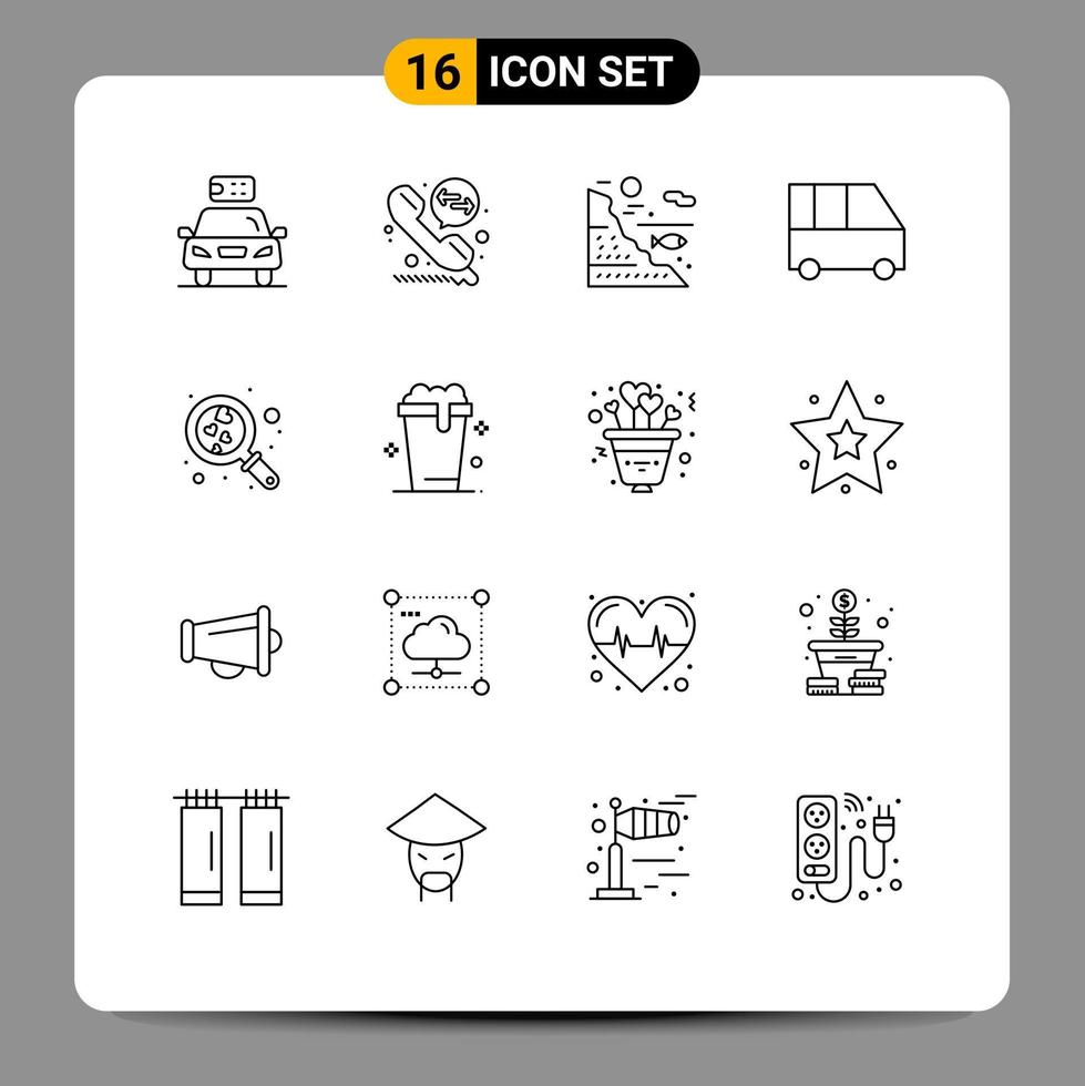 Pictogram Set of 16 Simple Outlines of heart minibus under family van fishing Editable Vector Design Elements