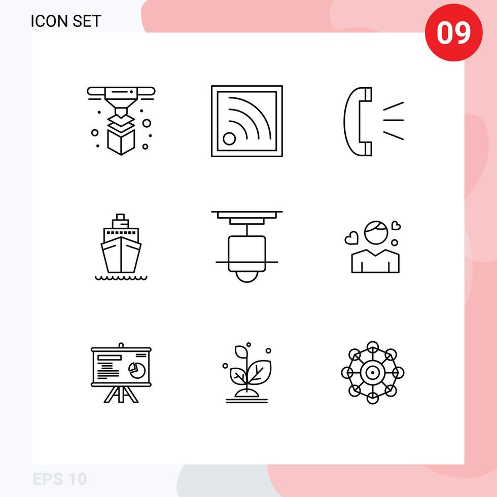 Modern Set of 9 Outlines Pictograph of interior decor call vessel ship Editable Vector Design Elements