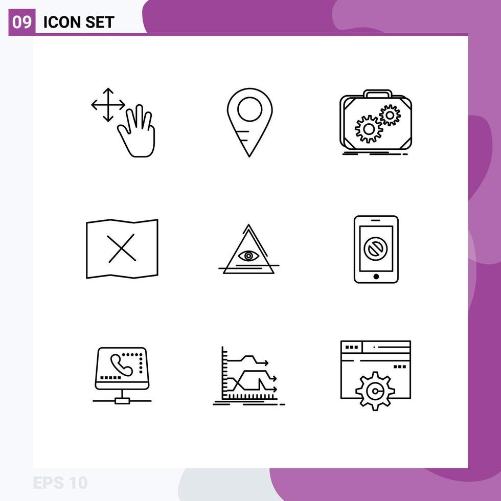 Pictogram Set of 9 Simple Outlines of pyramid eye case place location Editable Vector Design Elements