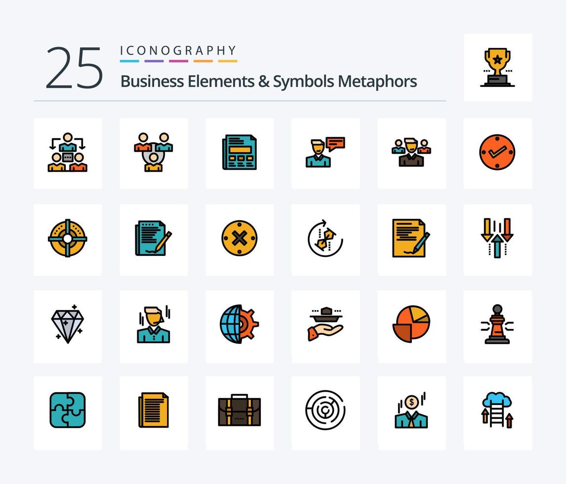 Business Elements And Symbols Metaphors 25 Line Filled icon pack including open. manager. chat. user. conversation vector
