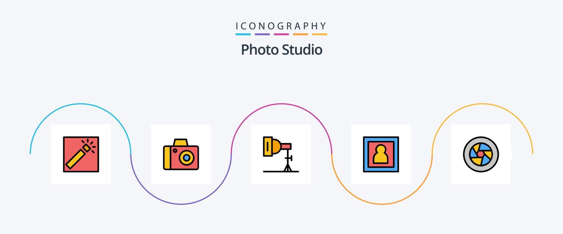 Photo Studio Line Filled Flat 5 Icon Pack Including logo. aperture. photo. portrait. photographer vector