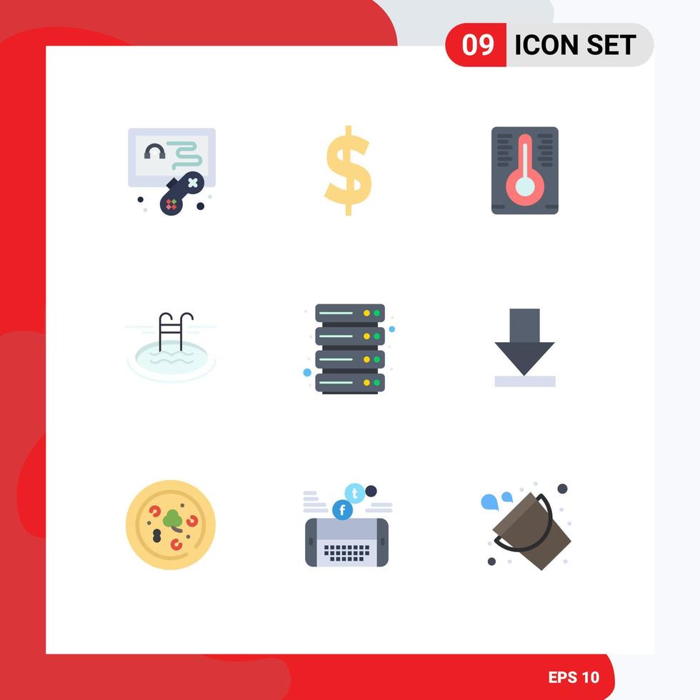 Modern Set of 9 Flat Colors Pictograph of download arrow swimming server cloud Editable Vector Design Elements