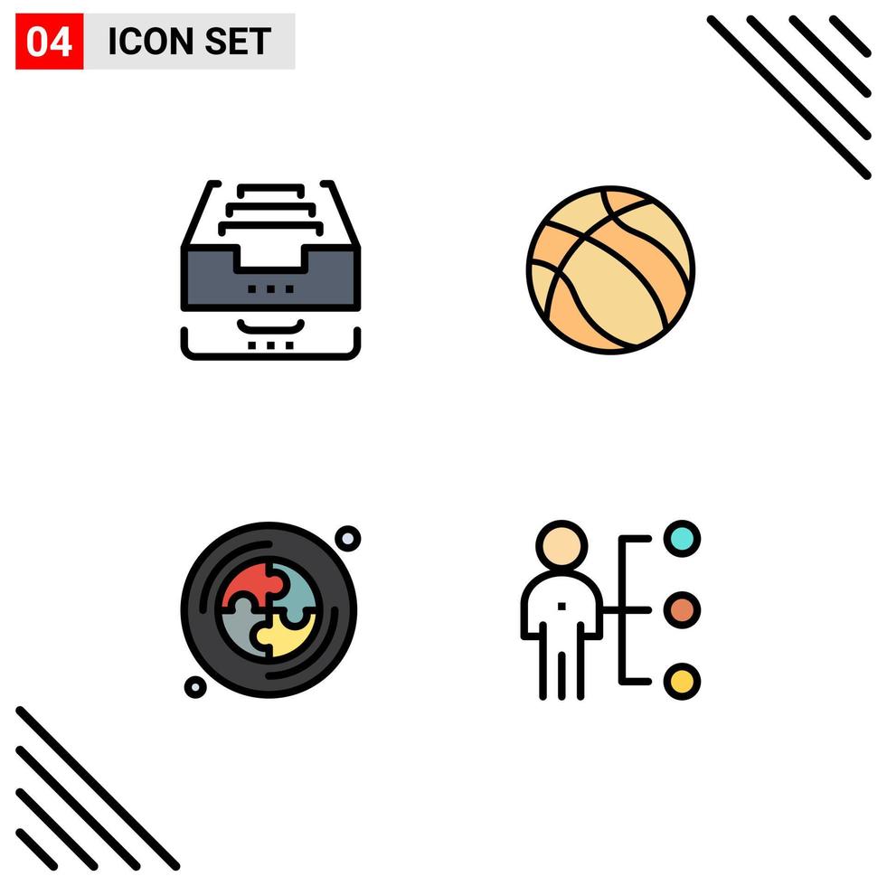 4 User Interface Filledline Flat Color Pack of modern Signs and Symbols of archive cd document basketball puzzle Editable Vector Design Elements